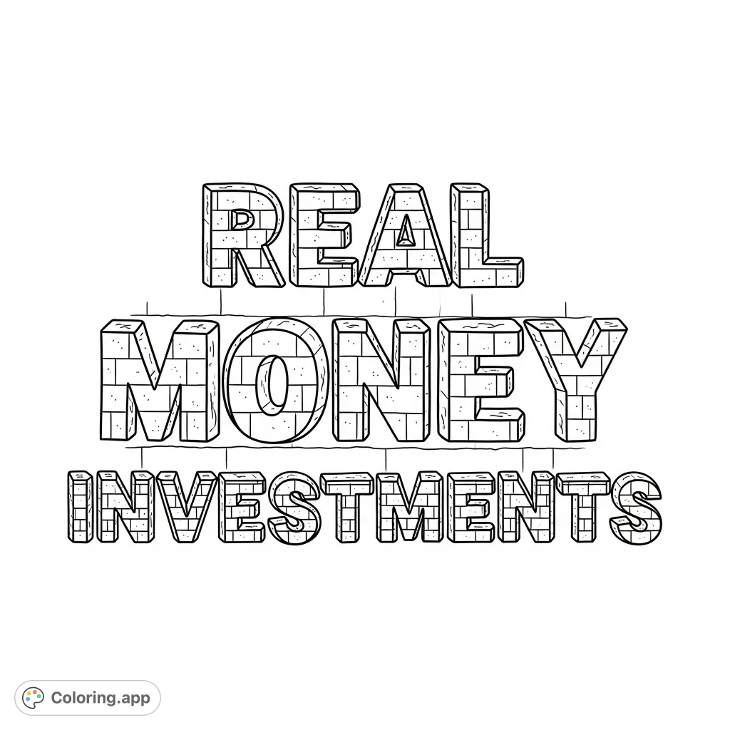 A unique coloring page featuring "Real Money Investments" in a bold, brick-style font, perfect for finance enthusiasts and creative minds.
