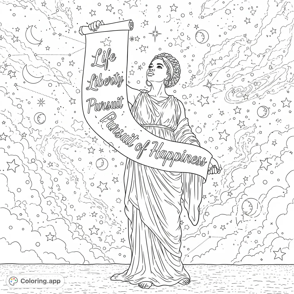 A powerful Black American woman holds a banner proclaiming 'Life Liberty Pursuit of Happiness' under a sky filled with stars and celestial wonders. A detailed, inspiring design.