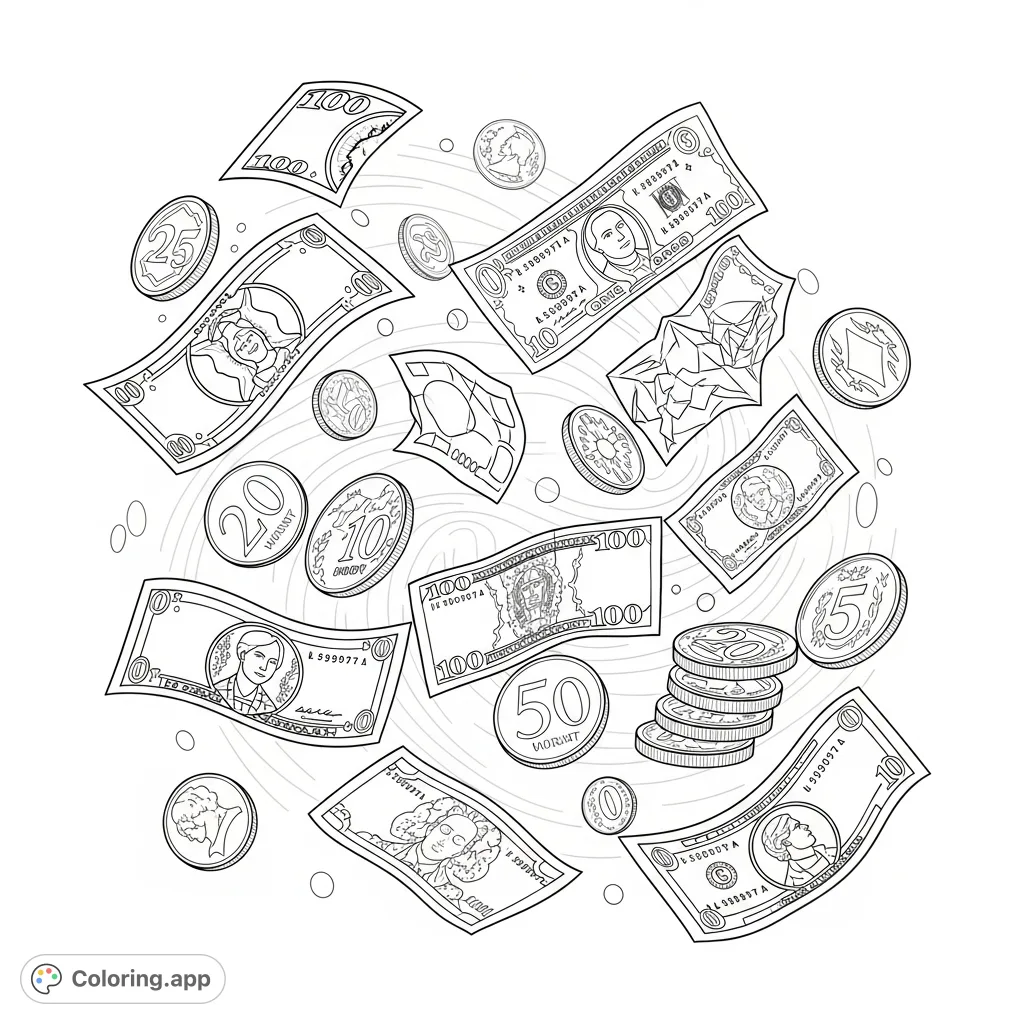 Experience the thrill of a dynamic money motion coloring page, featuring a cascade of detailed coins and bills in a captivating, swirling design.