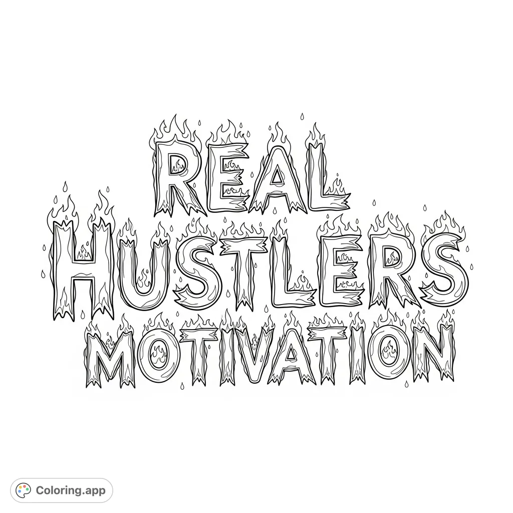 Ignite your drive with this 'Real Hustlers Motivation' coloring page, featuring bold text rendered in dynamic, flickering flame patterns. A powerful design for inspiration.