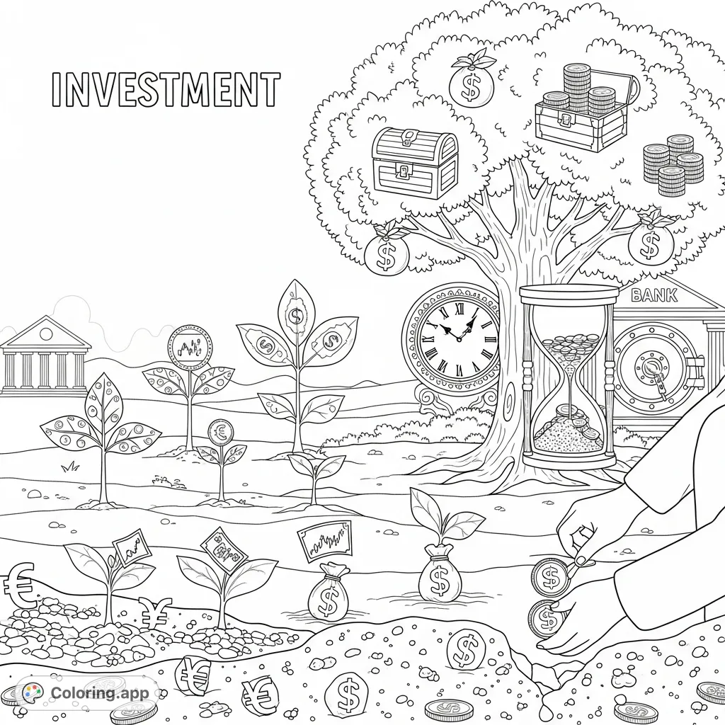 Explore the journey of wealth building with this intricate coloring page. A symbolic garden illustrates time, money, and investment growth. Perfect for all ages.
