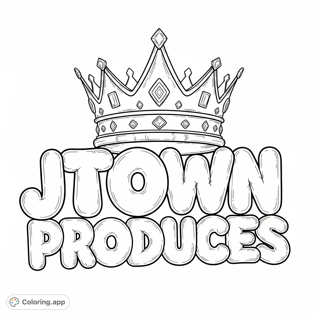 An engaging Jtown produces coloring page featuring bold bubble letters crowned with a five-point regal design, perfect for creative expression.