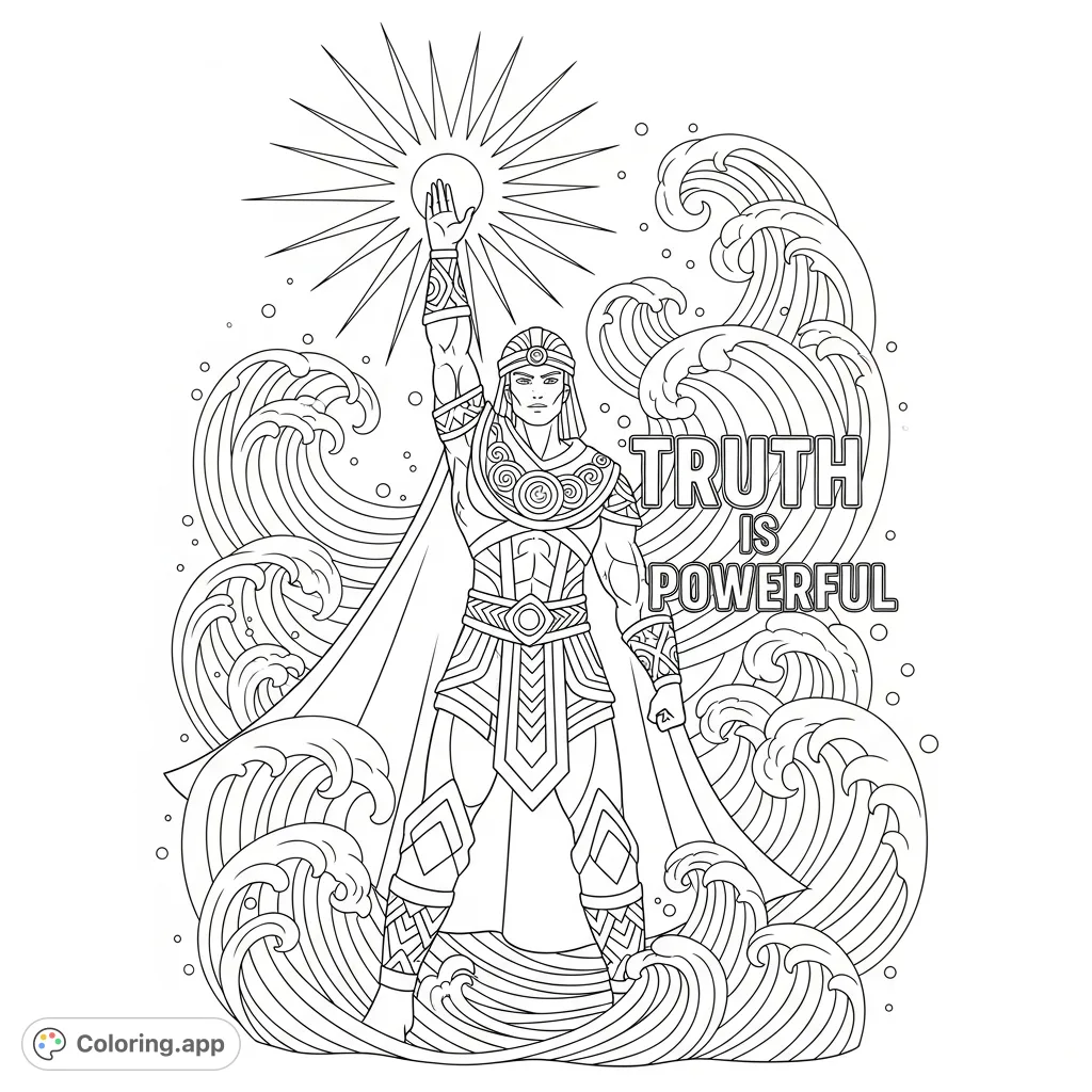 Embrace the power of truth with this highly detailed, cartoony coloring page featuring a heroic figure, a radiant orb, and dynamic wave patterns.