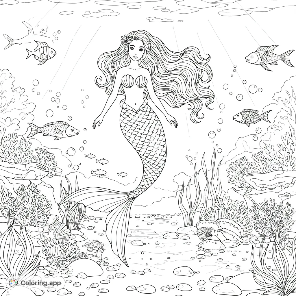 Dive into an enchanting underwater world featuring a graceful mermaid with flowing hair and a detailed tail, surrounded by vibrant marine life and coral.
