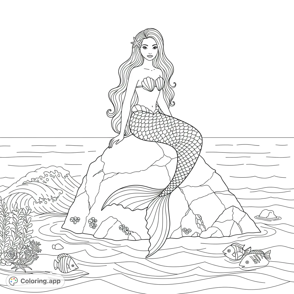 Dive into an enchanting ocean scene featuring a graceful mermaid perched on a textured rock amidst gentle waves. A magical underwater adventure awaits your colors!