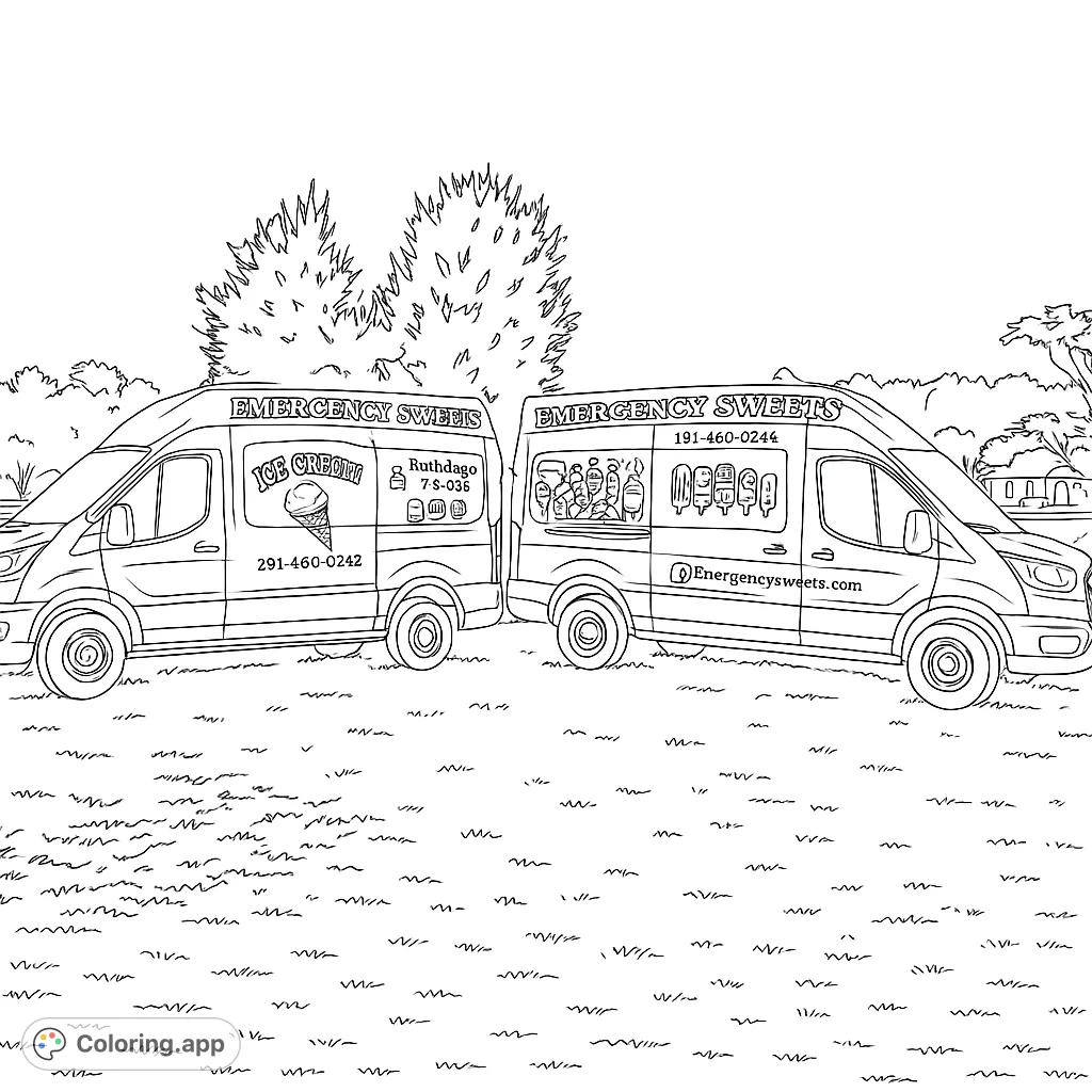 Two sweet treat vans parked by a serene lake, ready for a fun event. Perfect for coloring enthusiasts of all ages.