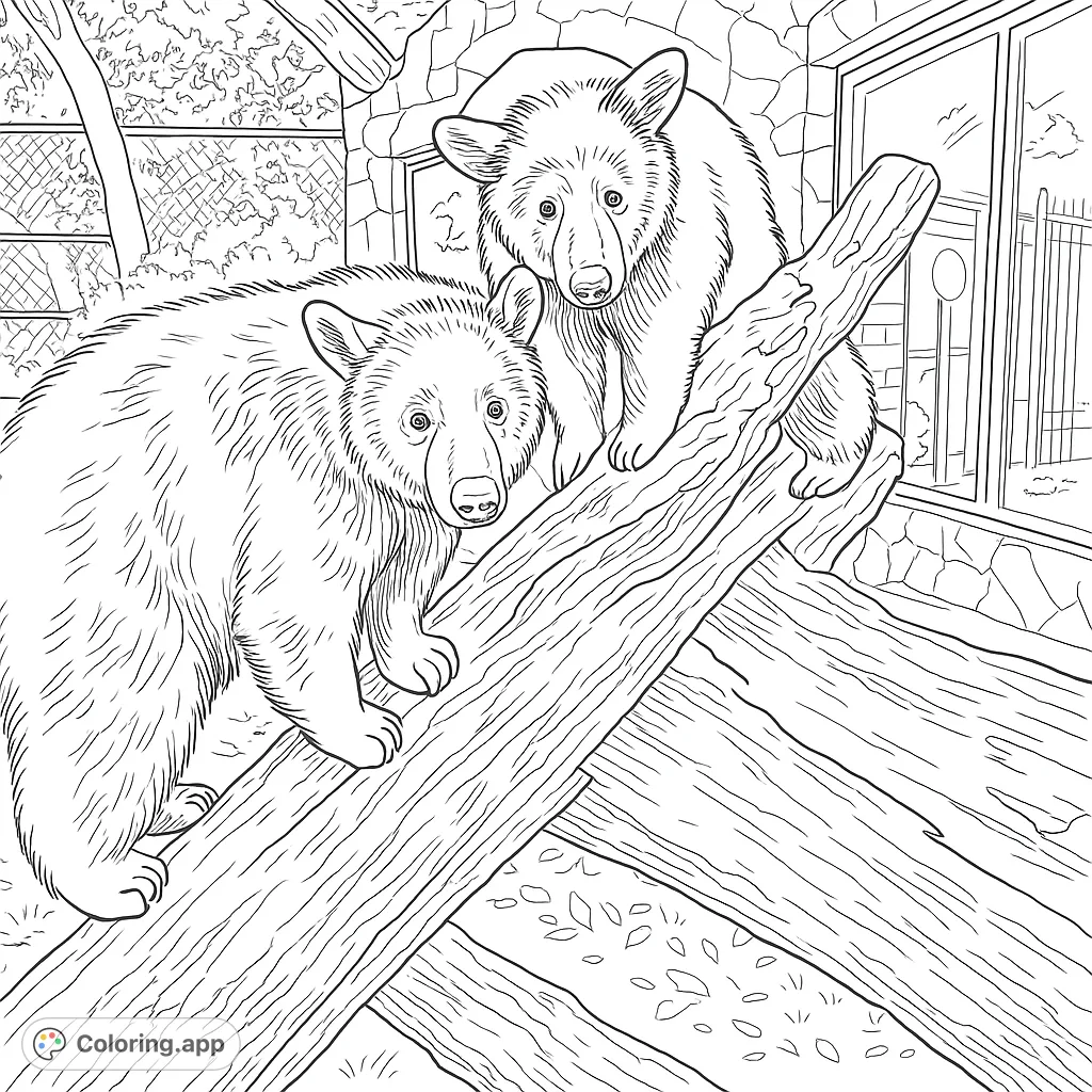 Two curious bears on logs, ready for your creative touch. A delightful animal coloring page for all ages, perfect for nature lovers.