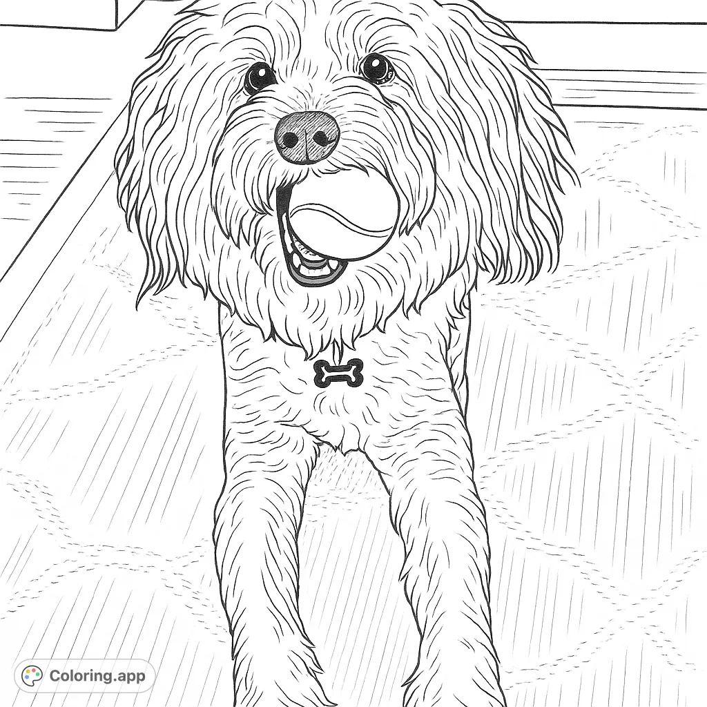 A charming hand-drawn sketch of a playful pup holding a tennis ball, perfect for dog lovers. Enjoy coloring this adorable furry friend!