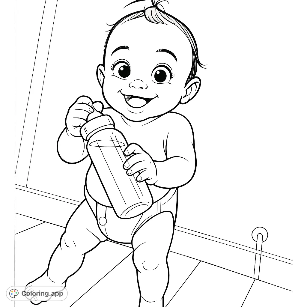 A delightful baby coloring page featuring a cheerful infant holding a bottle, perfect for young artists and baby-themed fun.