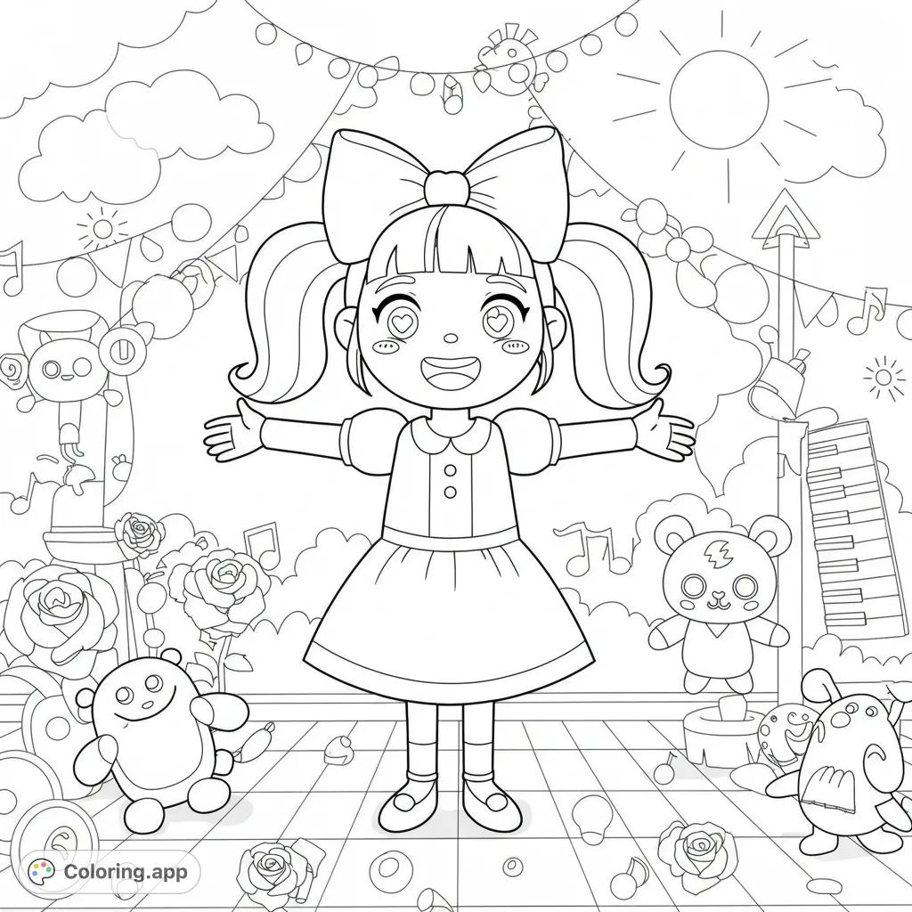 Bring Gracie from Gracie's Corner to life! A fun, free printable coloring page featuring Gracie, musical notes, and playful shapes for kids.