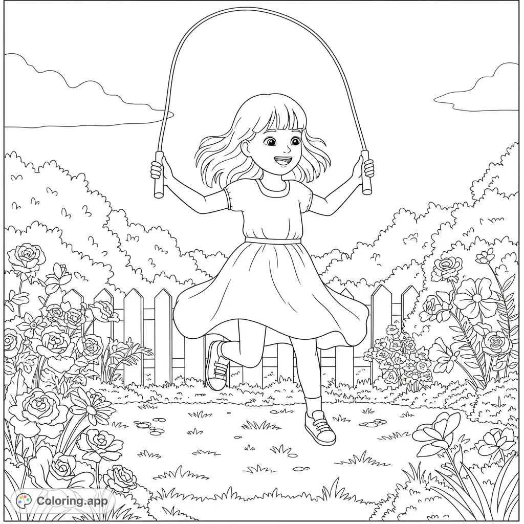 A cheerful little girl mid-skip with a jump rope in a vibrant garden, perfect for imaginative coloring and celebrating childhood joy.