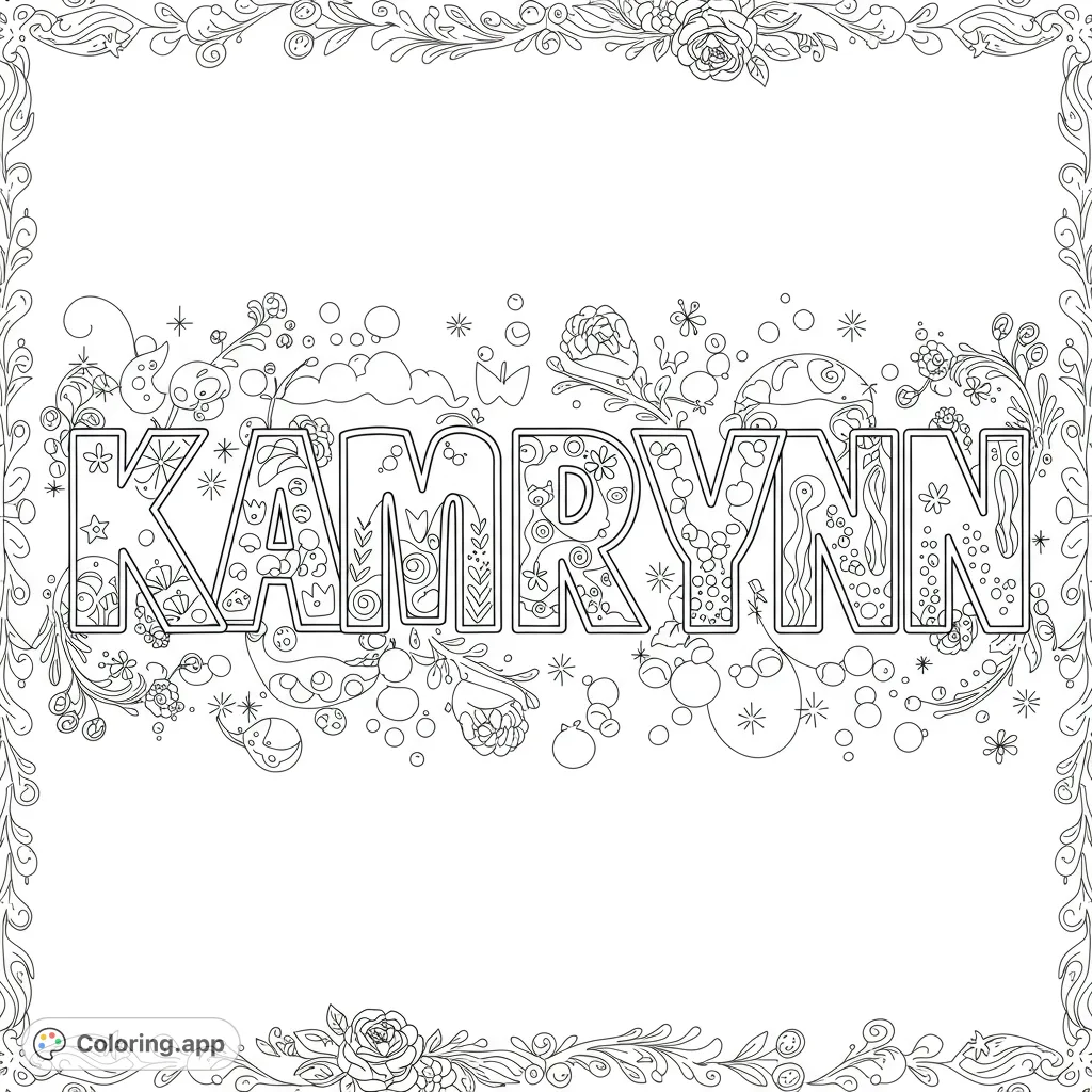 A personalized Kamrynn coloring page featuring decorative letters and whimsical elements. Perfect for custom gifts or room decor.