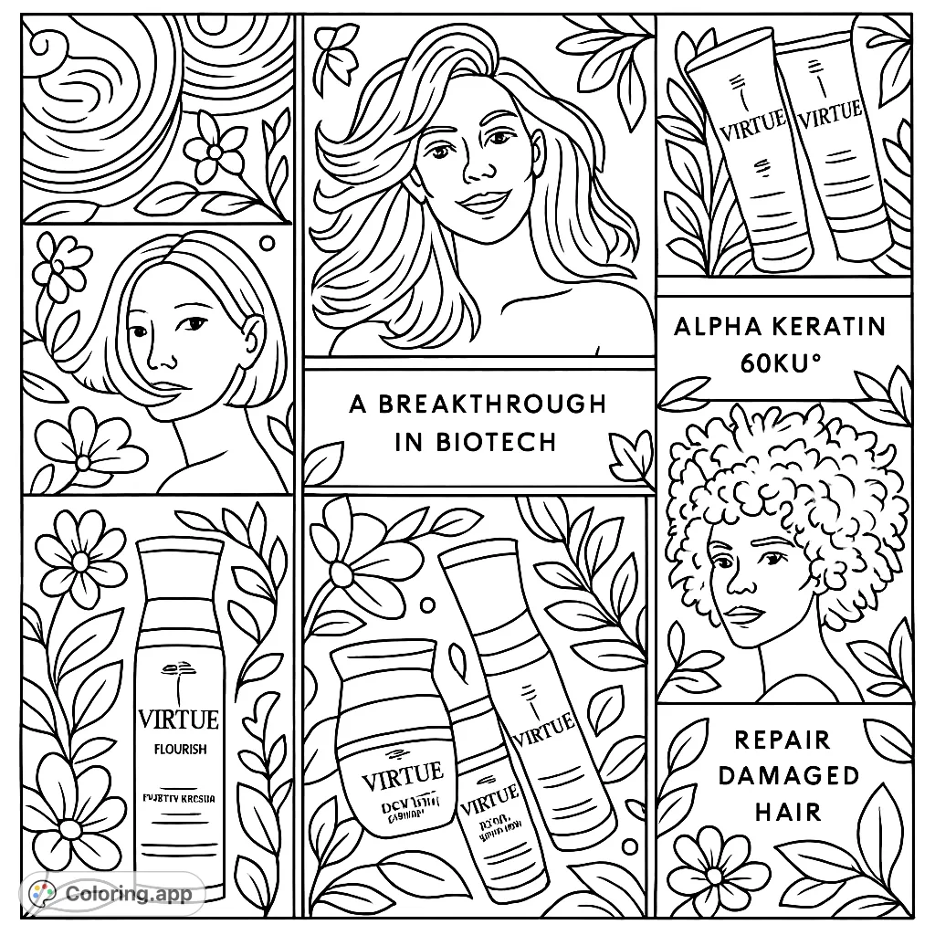 Explore a whimsical beauty collage coloring page featuring diverse figures, stylized products, and flowing textures, framed by decorative, dreamlike elements.