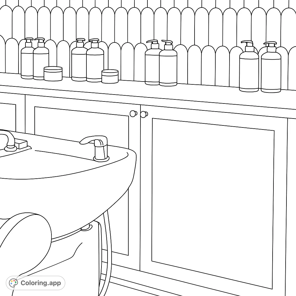 A modern salon interior featuring a sleek sink, counter with products, and a stylish tiled wall, perfect for a relaxing coloring experience.