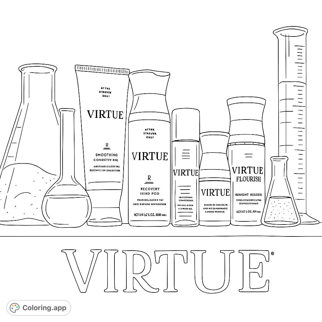 Explore a unique scientific beauty collection coloring page featuring various lab glassware and cosmetic bottles, perfect for detailed coloring.