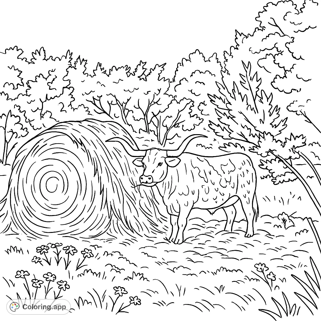 Color a majestic longhorn next to a rustic hay bale in a natural field setting. Perfect for animal lovers and those who enjoy farm scenes.
