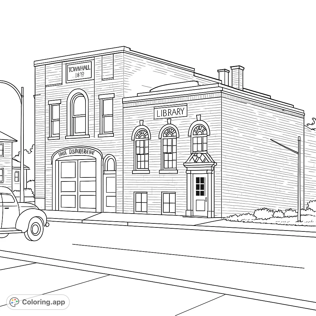 Explore a detailed historic building featuring a town hall, fire station, and library, complete with vintage car and architectural details.