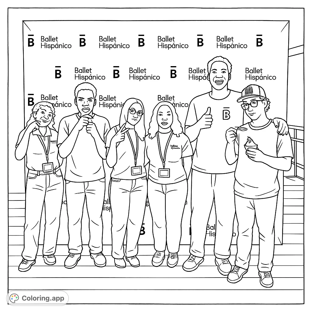 A vibrant group of six individuals posing in a studio with a branded banner, perfect for a fun and engaging coloring experience.