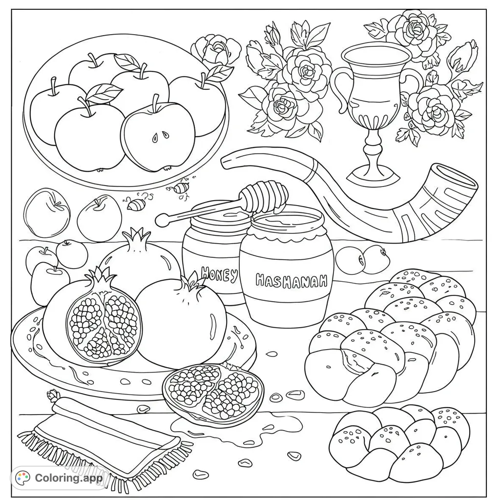 A festive Rosh Hashanah coloring page featuring apples, honey, pomegranates, a shofar, and round challah, beautifully arranged for a sweet new year.