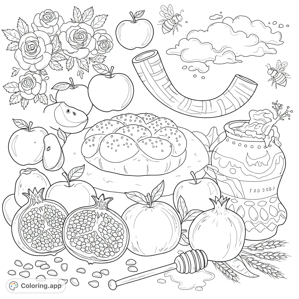 Celebrate Rosh Hashanah with this delightful coloring page featuring apples, honey, shofar, and challah. Perfect for kids to learn holiday symbols.