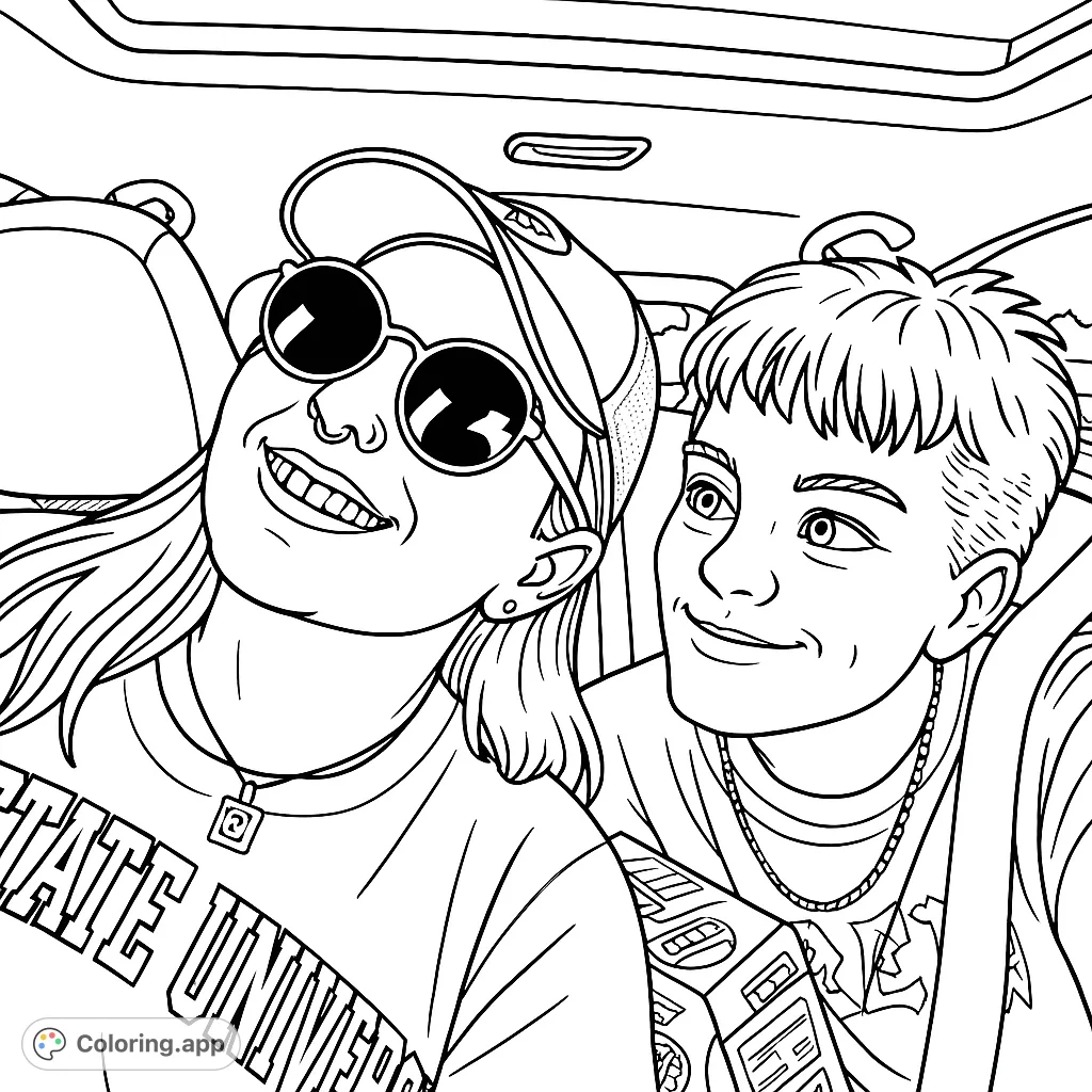 Capture the fun of a road trip with two smiling friends in a car. A cartoony style with bold outlines and intricate details awaits your creative touch.