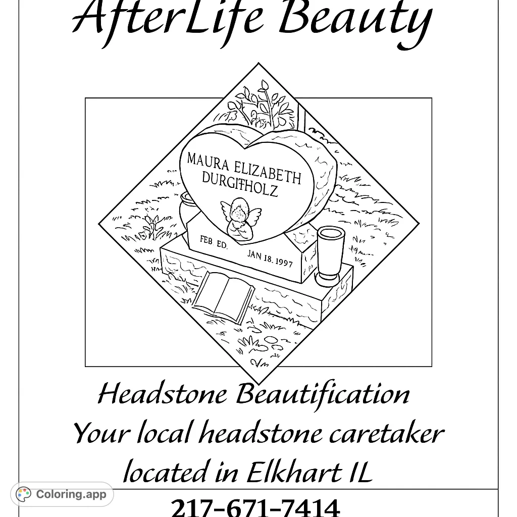 A poignant heart-shaped headstone stands in a serene setting, offering a unique and reflective coloring experience for remembrance and personal expression.