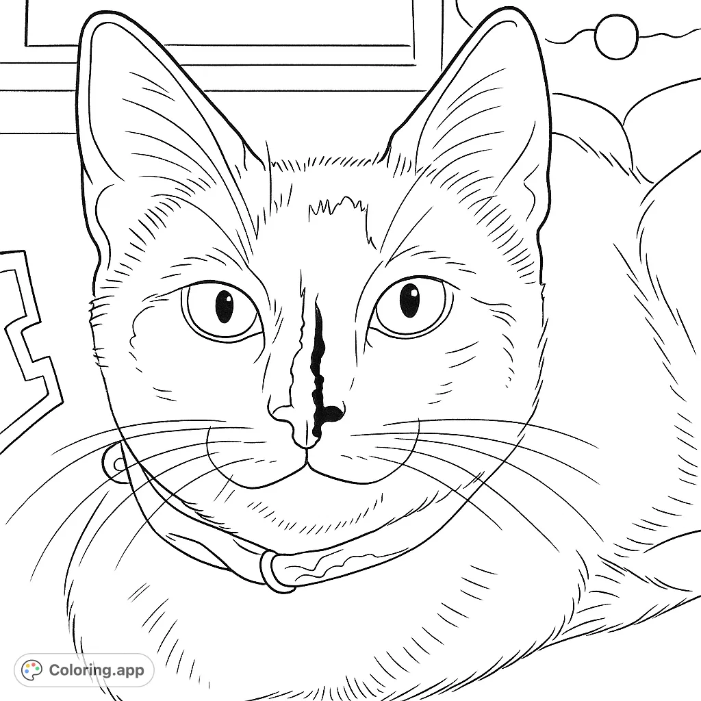 Color this charming cat portrait featuring a feline with unique facial markings and a patterned collar. A simple, realistic design for all ages.