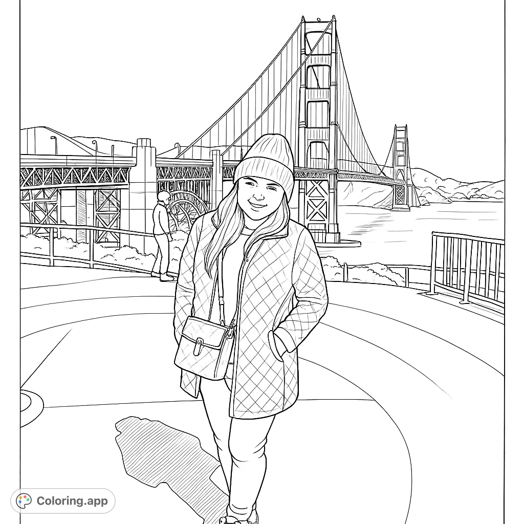 A person stands smiling before a majestic suspension bridge, offering a scenic travel-themed coloring experience. Perfect for all ages.