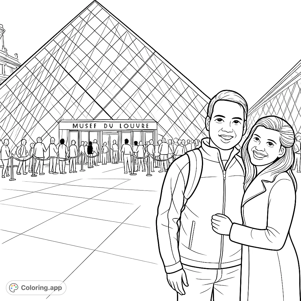 Color an iconic scene: a couple at the Louvre Pyramid. Intricate architectural details and a bustling Parisian backdrop await your creative touch.