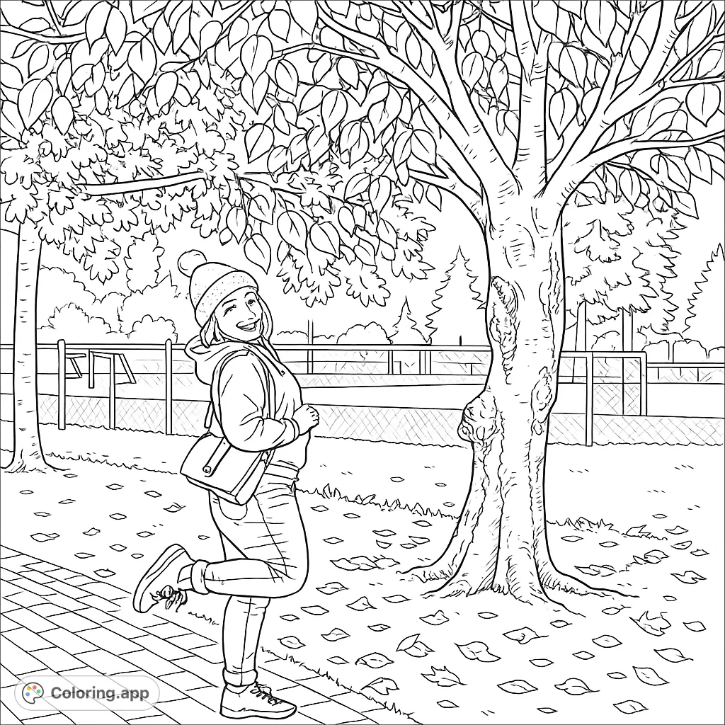 Capture the essence of autumn with a smiling person under a leafy tree, surrounded by scattered foliage. A delightful fall scene.