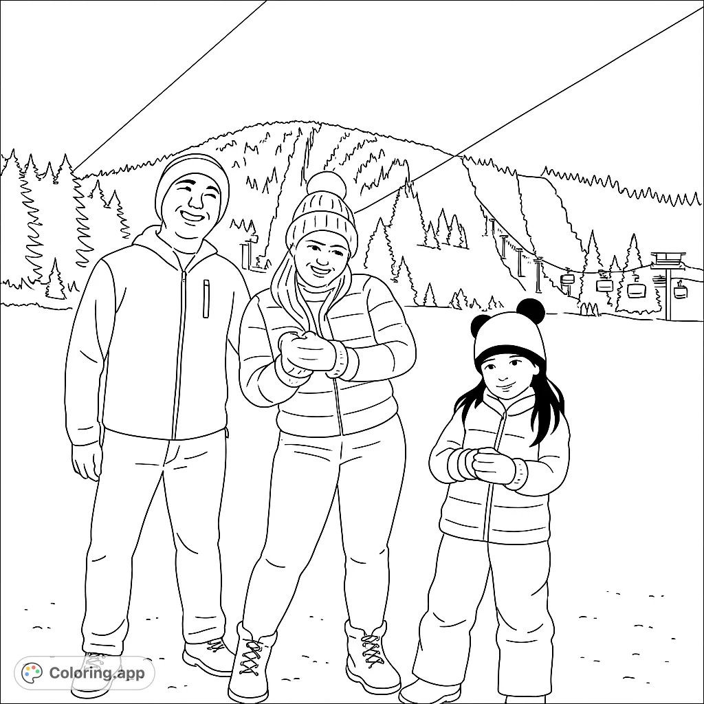 Capture the joy of a family winter adventure on a snowy mountain. Features a family of three, ski slopes, and evergreen trees, perfect for winter fun.