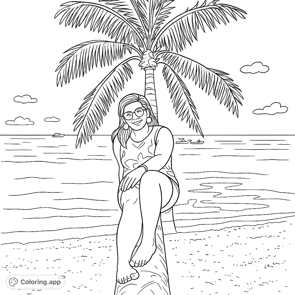 Relax on a tropical beach with this coloring page featuring a woman sitting on a palm tree, overlooking the serene ocean. Perfect for a peaceful escape.