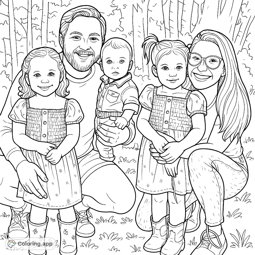 Capture a heartwarming family moment with this free printable family portrait coloring page. Features parents, two girls, and a baby in a natural setting.