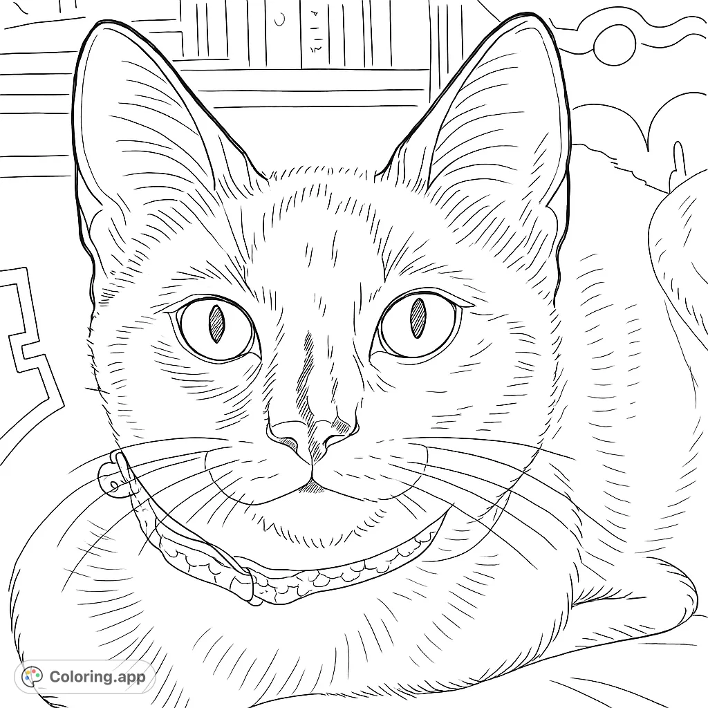 A captivating cat portrait coloring page featuring a striking feline with unique facial markings and a charming bell collar. Perfect for animal lovers!