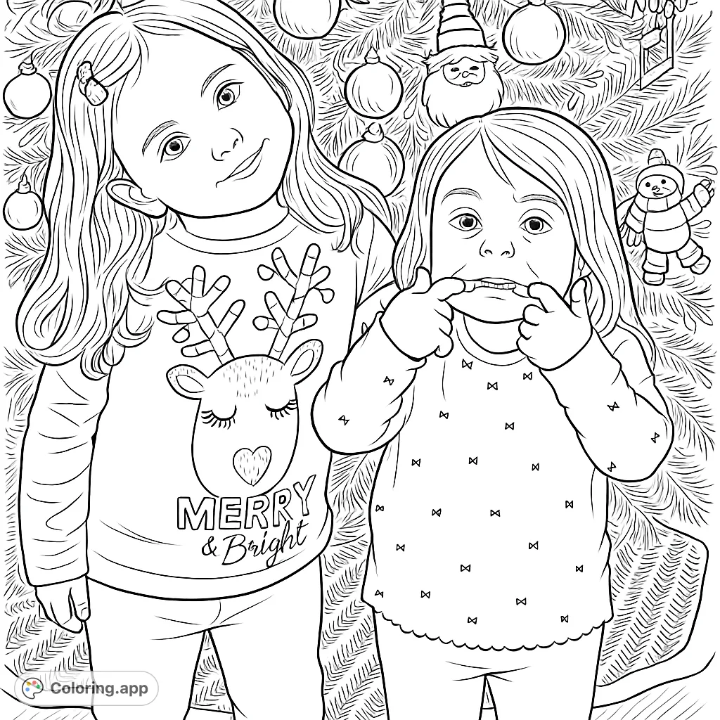 Capture the festive spirit with two adorable children posing by a beautifully decorated holiday tree. A delightful Christmas coloring page for all ages!