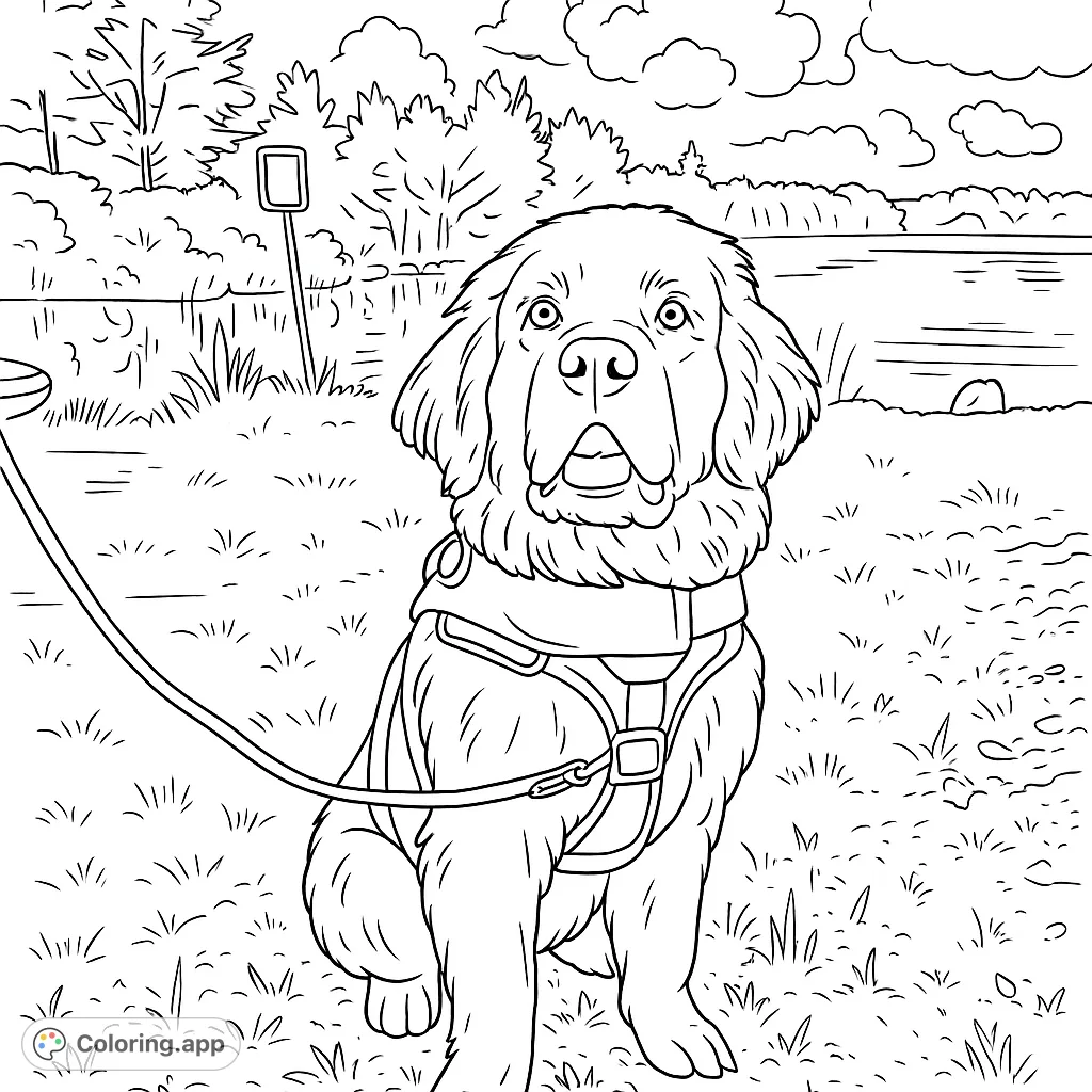A charming Newfoundland dog sits patiently by a serene lake, ready for adventure. Perfect for dog lovers and nature enthusiasts.