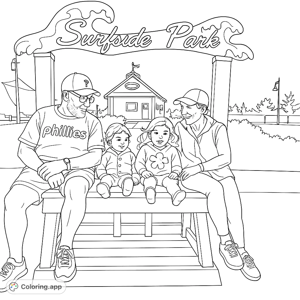 A heartwarming family scene at Surfside Park, featuring two adults and two children on a bench under a wave-shaped sign. Perfect for all ages.