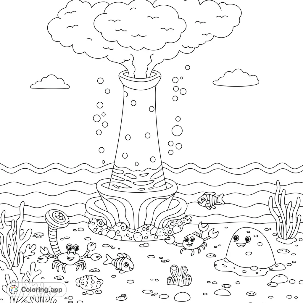 Explore a vibrant deep-sea hydrothermal vent coloring page, featuring a towering vent, smiling tube worms, crabs, and fish in their unique ocean floor habitat.