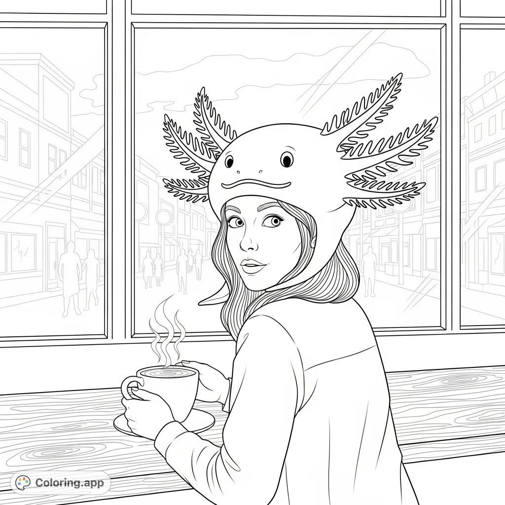 A woman in a whimsical axolotl hat sips from a steaming mug at a cozy cafe, glancing curiously at the bustling street outside.