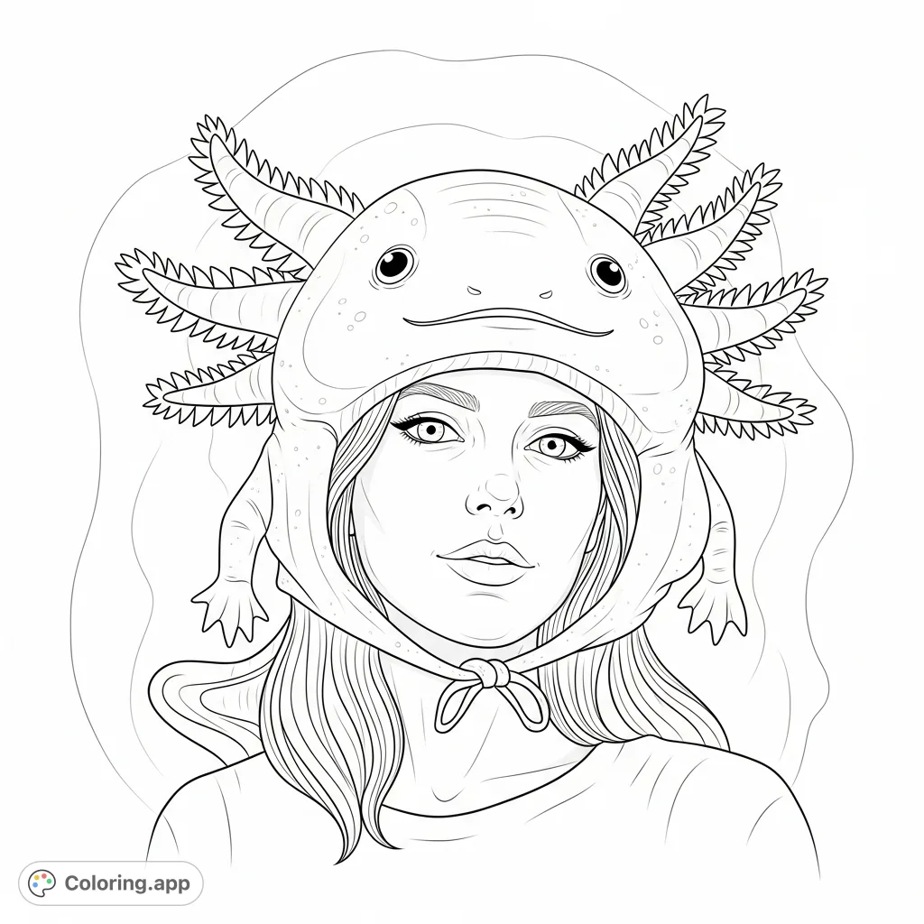 A serene woman wears a whimsical axolotl-shaped hat with frilly gills, her hair cascading gently. A charming portrait for creative coloring.