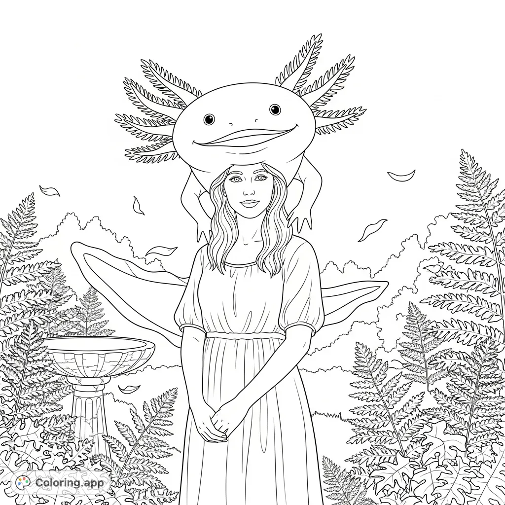 A woman in a whimsical axolotl hat stands in a serene garden, surrounded by ferns and a hidden bird bath, perfect for a relaxing coloring experience.