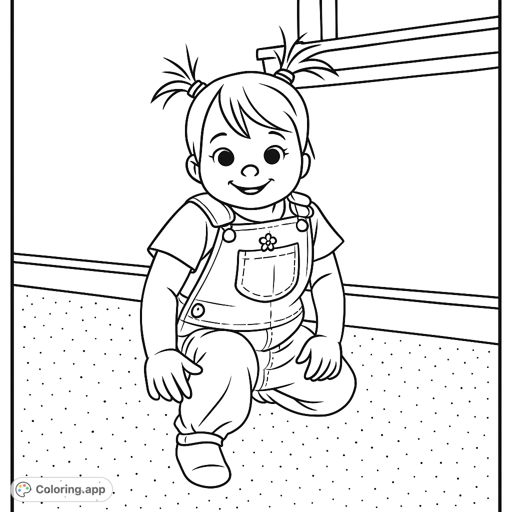 A delightful coloring page featuring a happy child in patterned overalls, kneeling on a soft carpet. Perfect for young artists to explore creativity.
