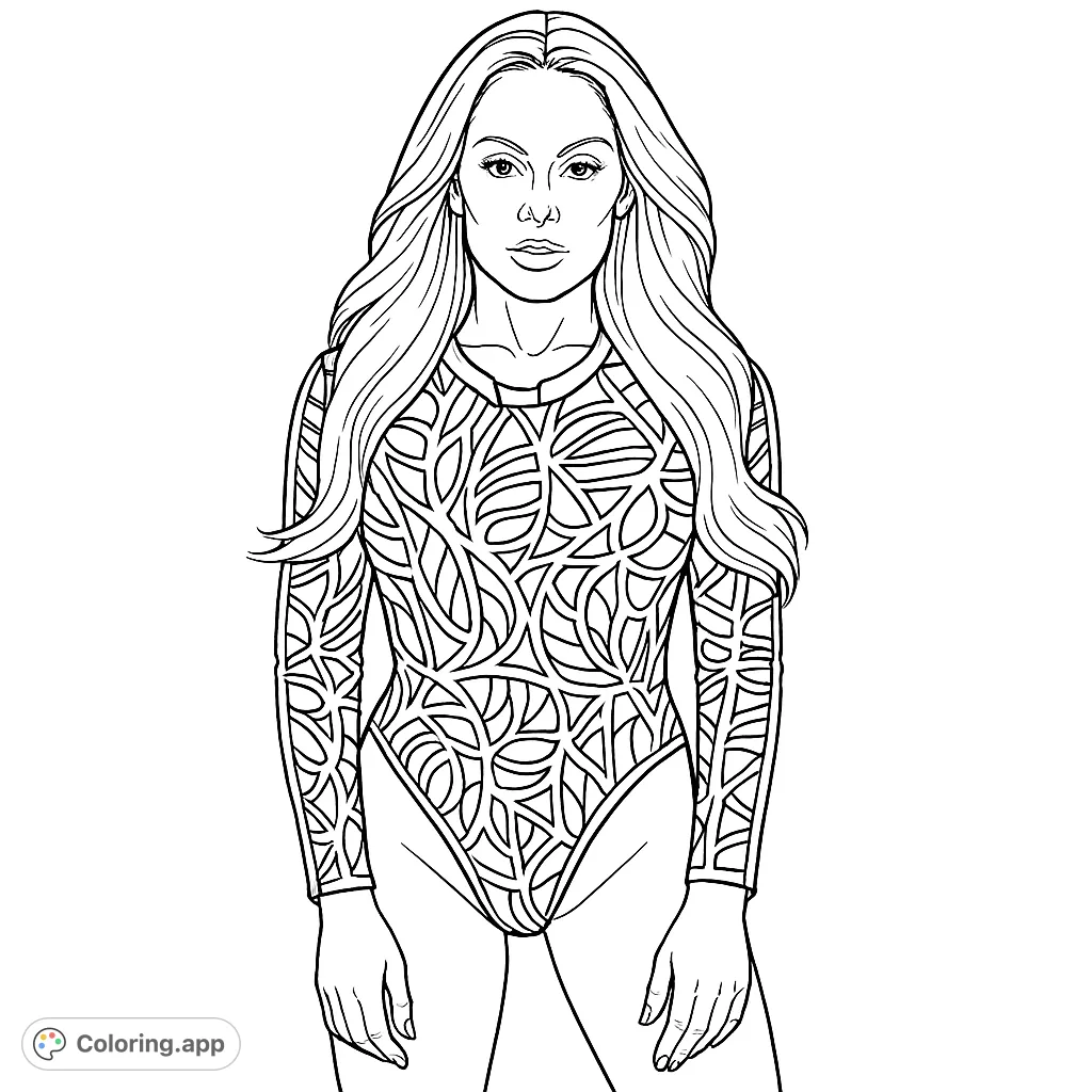 A stylish woman in an intricately patterned bodysuit, perfect for fashion enthusiasts and detailed coloring.