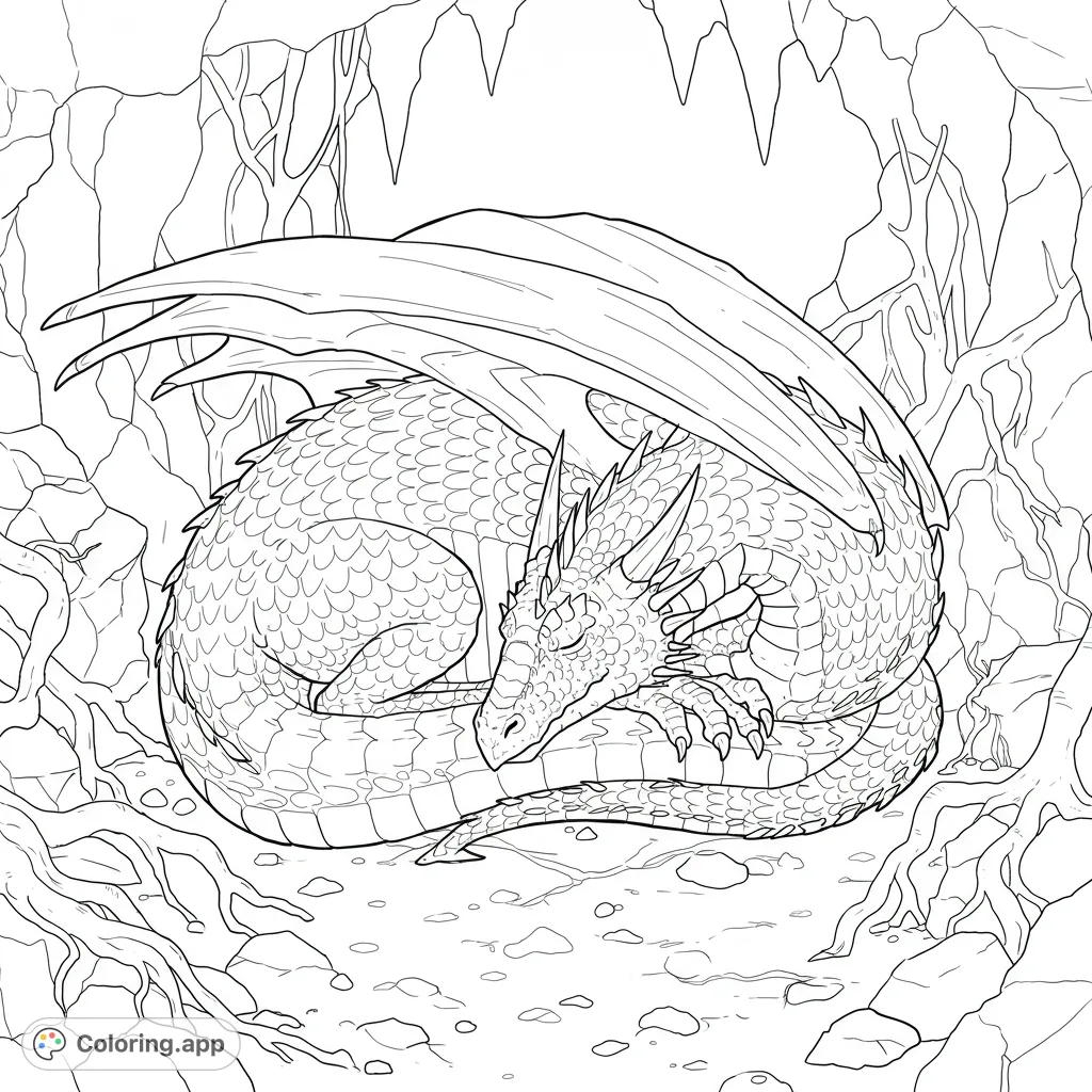 Discover a majestic dragon in peaceful slumber, its scaled body curled within a secluded cavern. A captivating fantasy scene for all ages.