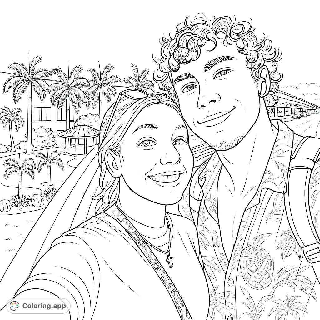 A smiling couple captures a moment at a tropical airport, blending travel excitement with lush scenery. Perfect for a travel-themed coloring page.