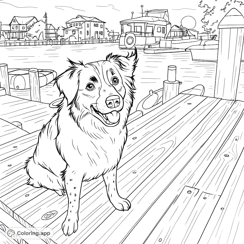 A friendly dog sits on a wooden dock, overlooking a serene waterfront with boats and houses. Perfect for animal lovers and scenic views.