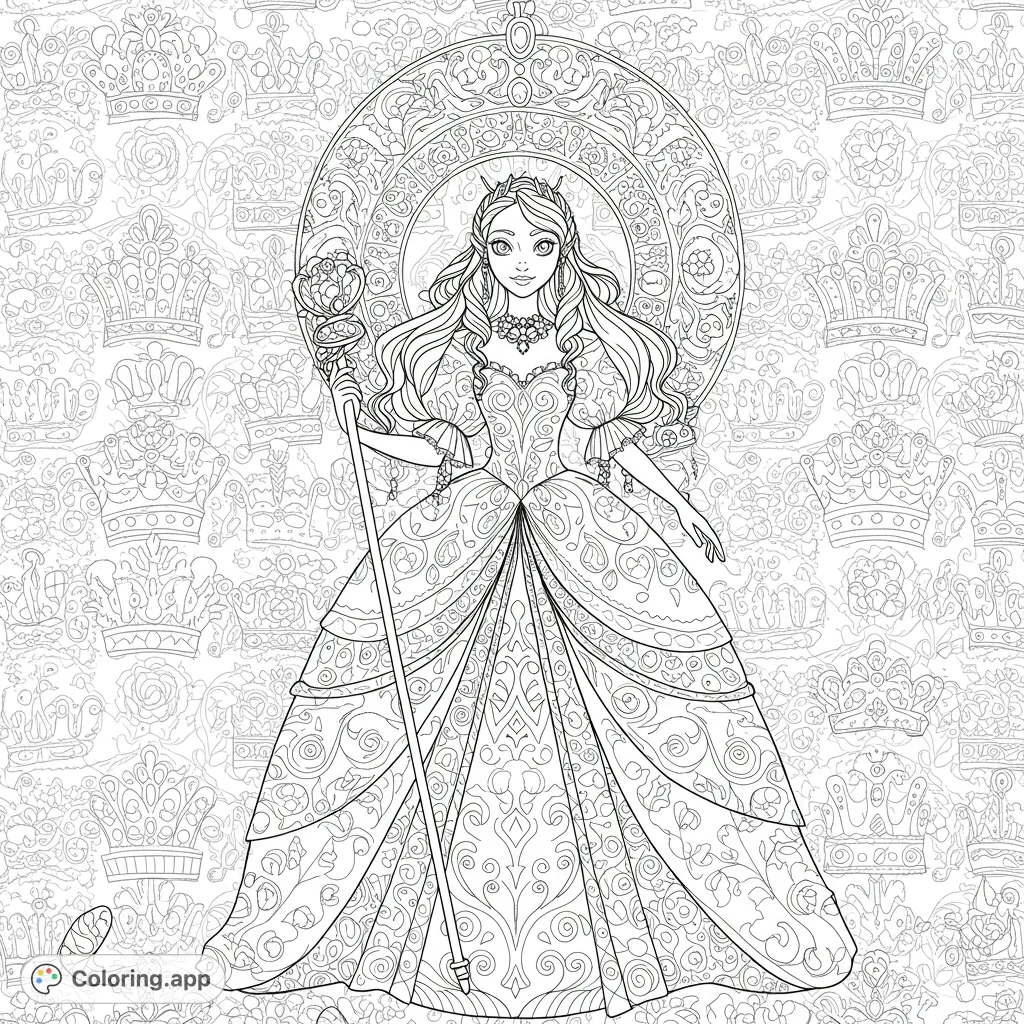 An intricate Bella Hoyer coloring page featuring a regal figure against a detailed backdrop of diverse crowns. Perfect for fans of royalty and complex patterns.