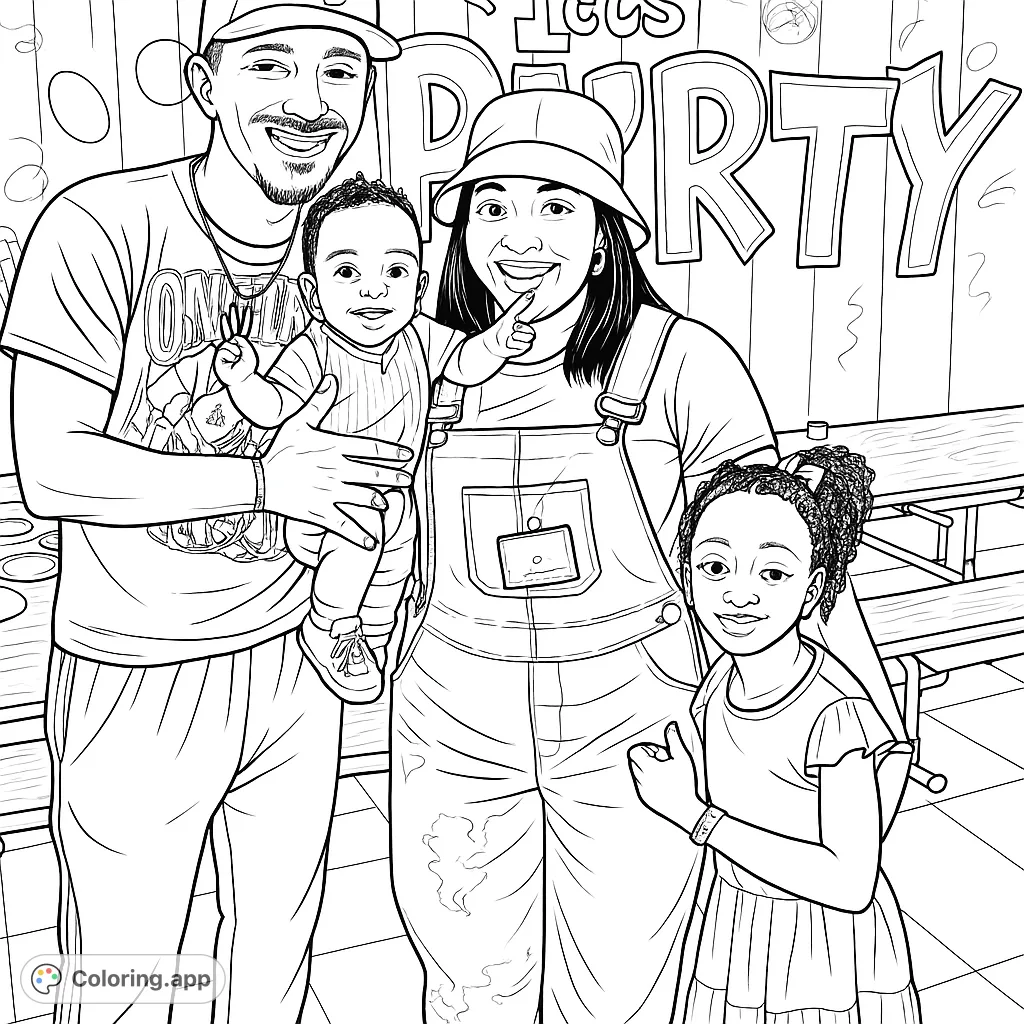 Celebrate family fun with this lively party scene coloring page! Features a happy family portrait against a festive graffiti background.