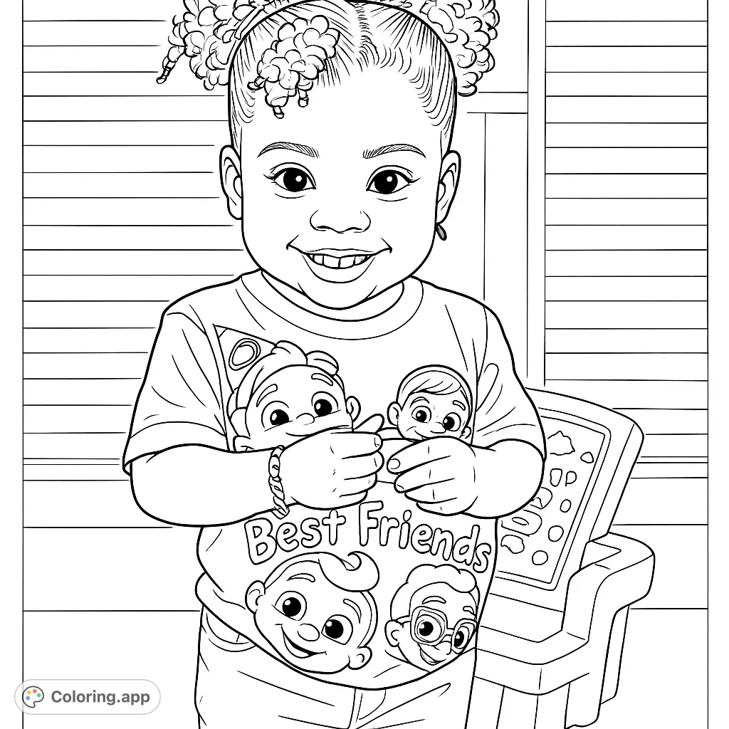 Capture the joy of a smiling child holding fruit, wearing a fun cartoon shirt. A delightful and engaging free printable coloring page for kids.