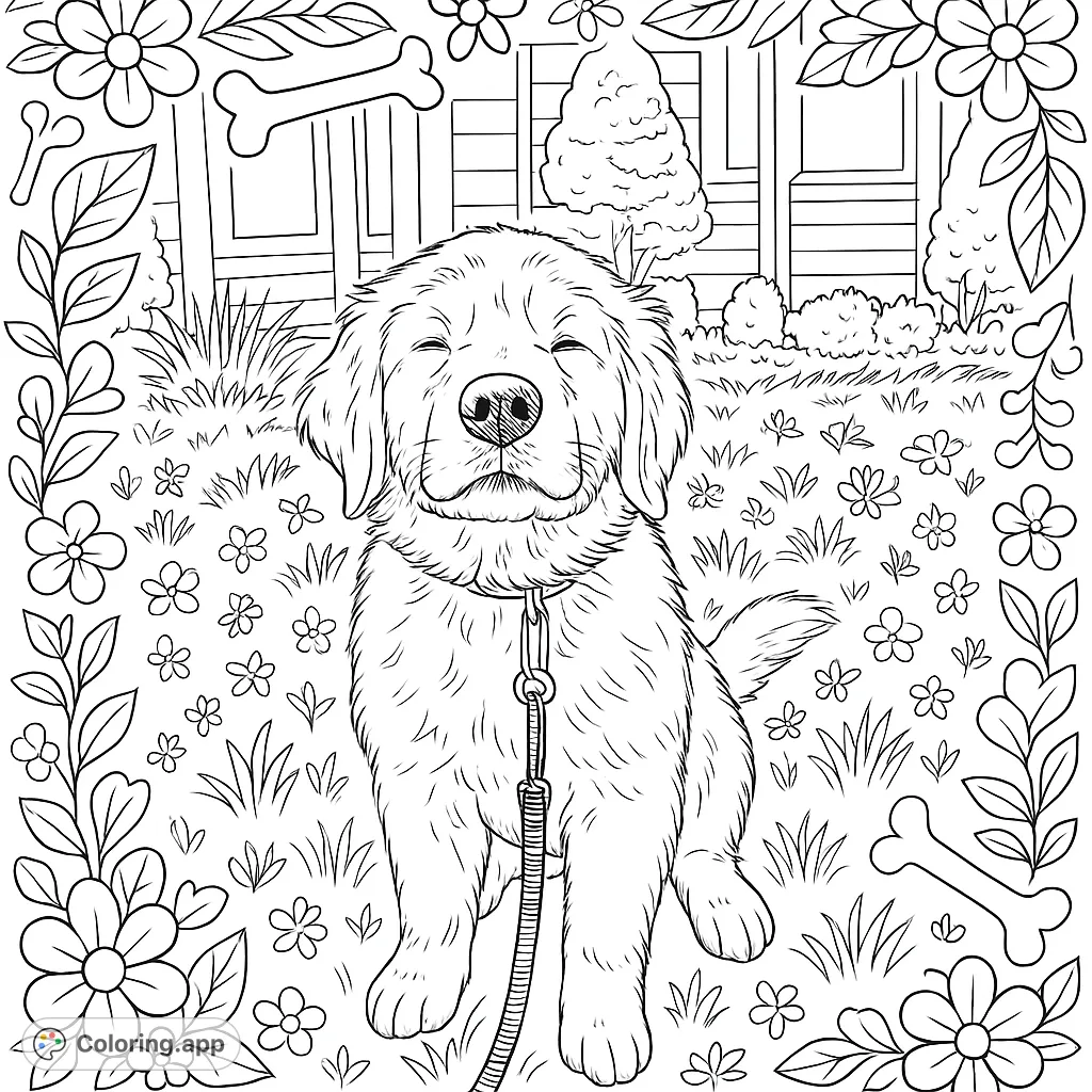 An adorable golden retriever puppy sits serenely on a grassy lawn, surrounded by decorative flowers and bones, perfect for a realistic coloring page.
